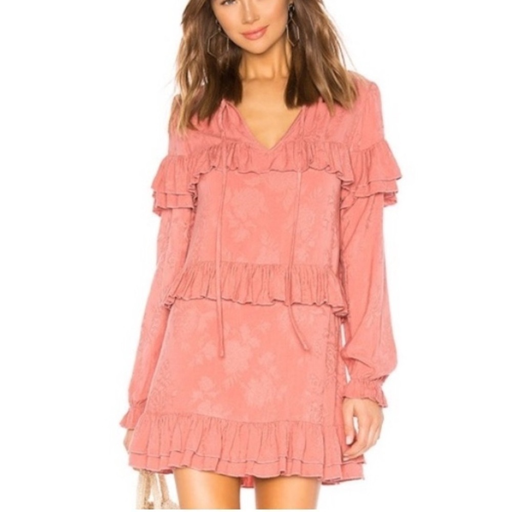 Tularosa Odette Dusty Rose Pink Floral Ruffle Long Sleeves Boho Mini Dress XS